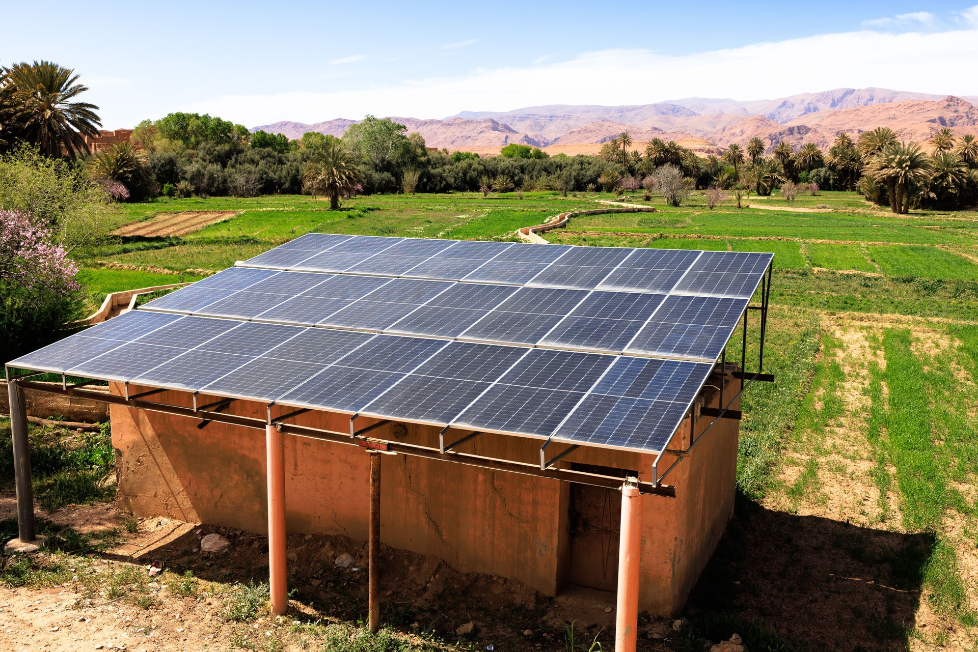 Solar panels providing sustainable energy in Tinghir Oasis, Morocco