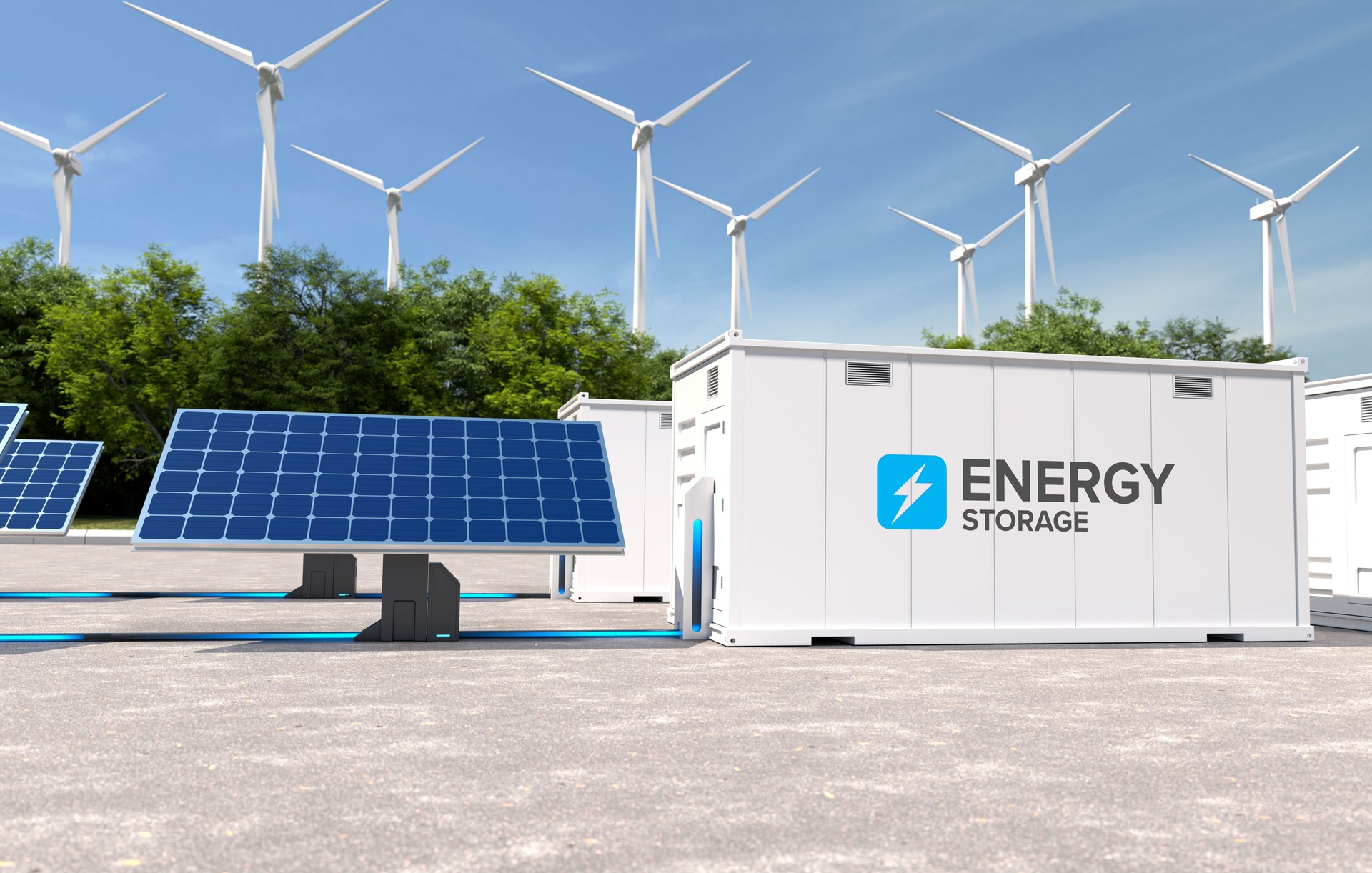 Energy storage systems with wind turbines and solar farms, Green alternative energy, Net zero emissions concept. 3D illustration