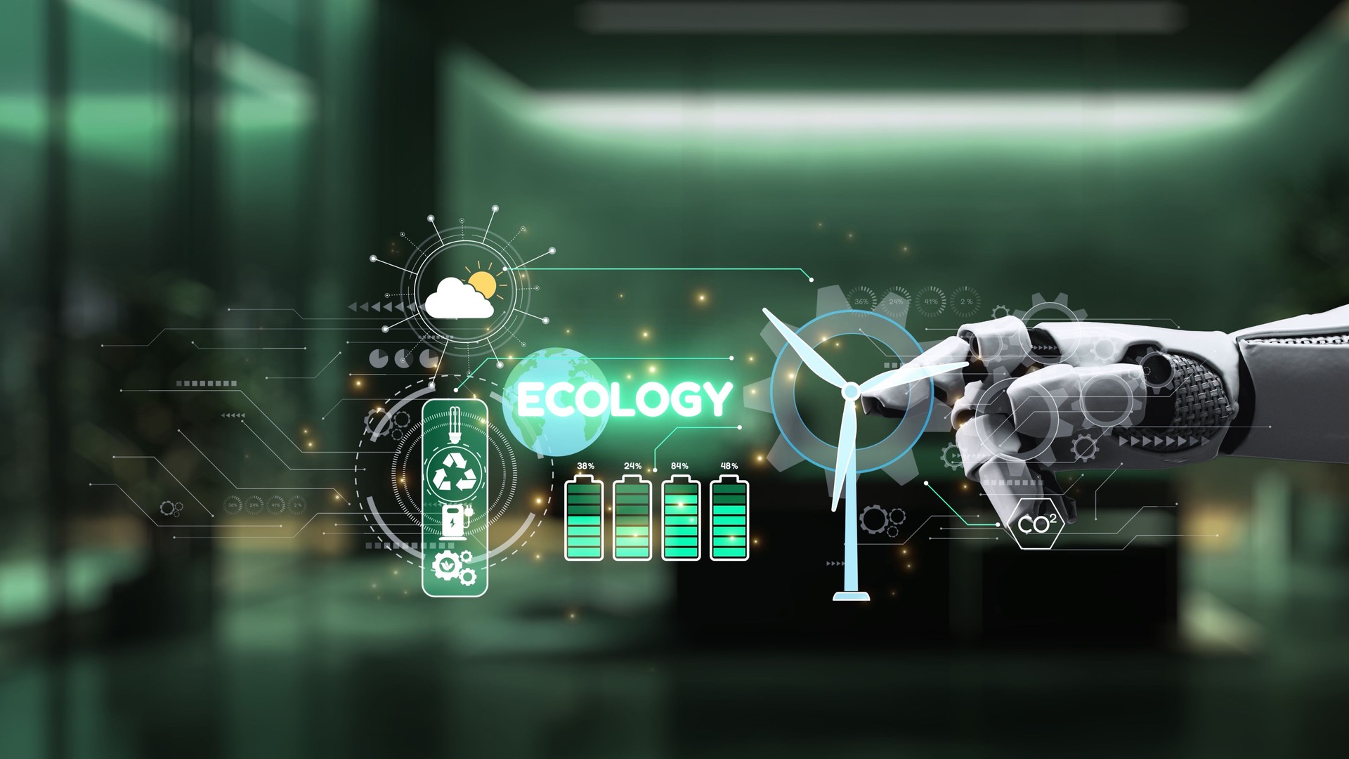 Innovative Robotic Hand Interacting with Ecological Icons Representing Sustainability, Renewable Energy, and Environmental Protection Concepts. Auvana